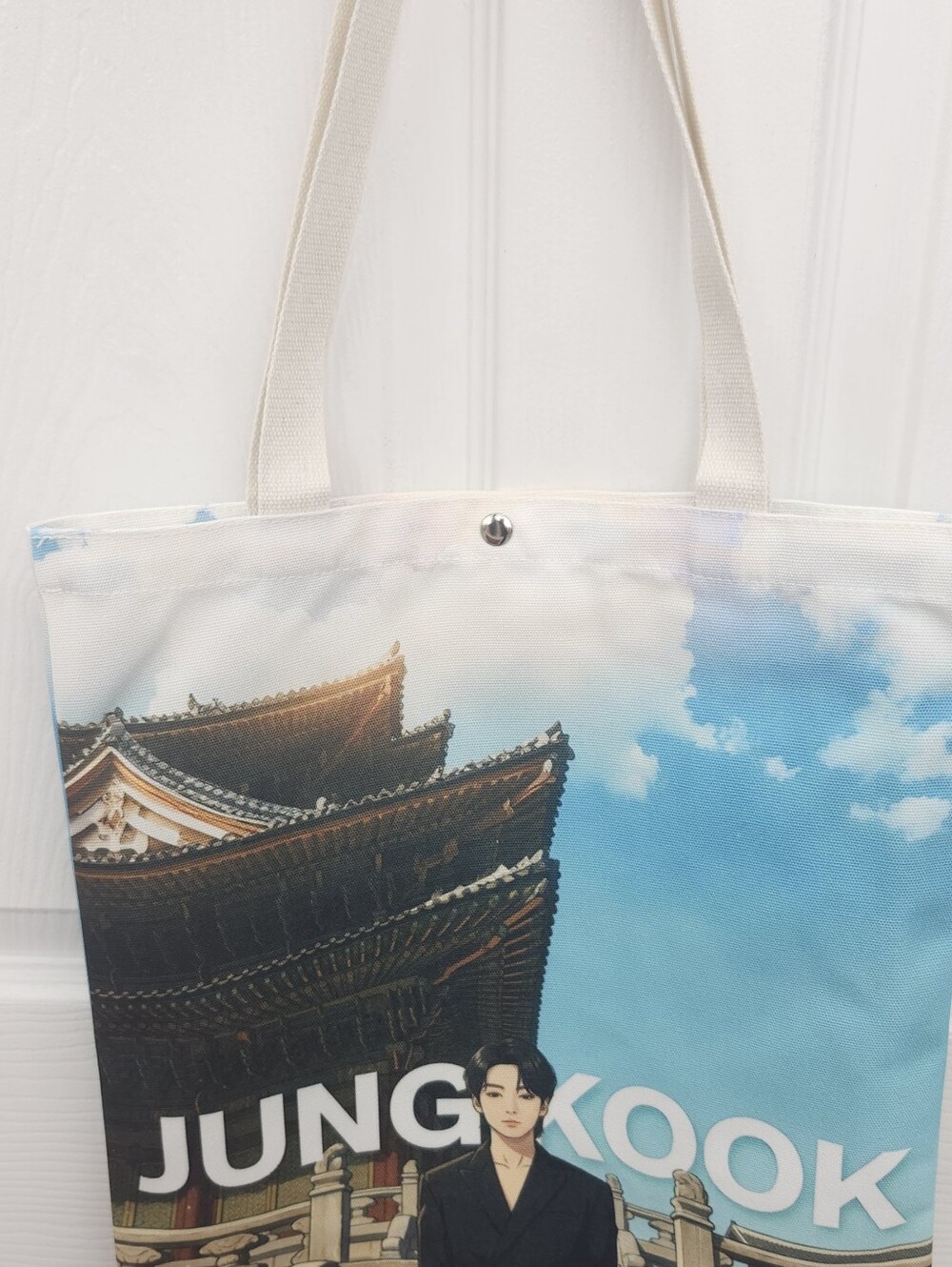 Bts Tote Bag in Blue and White with Graphic Print